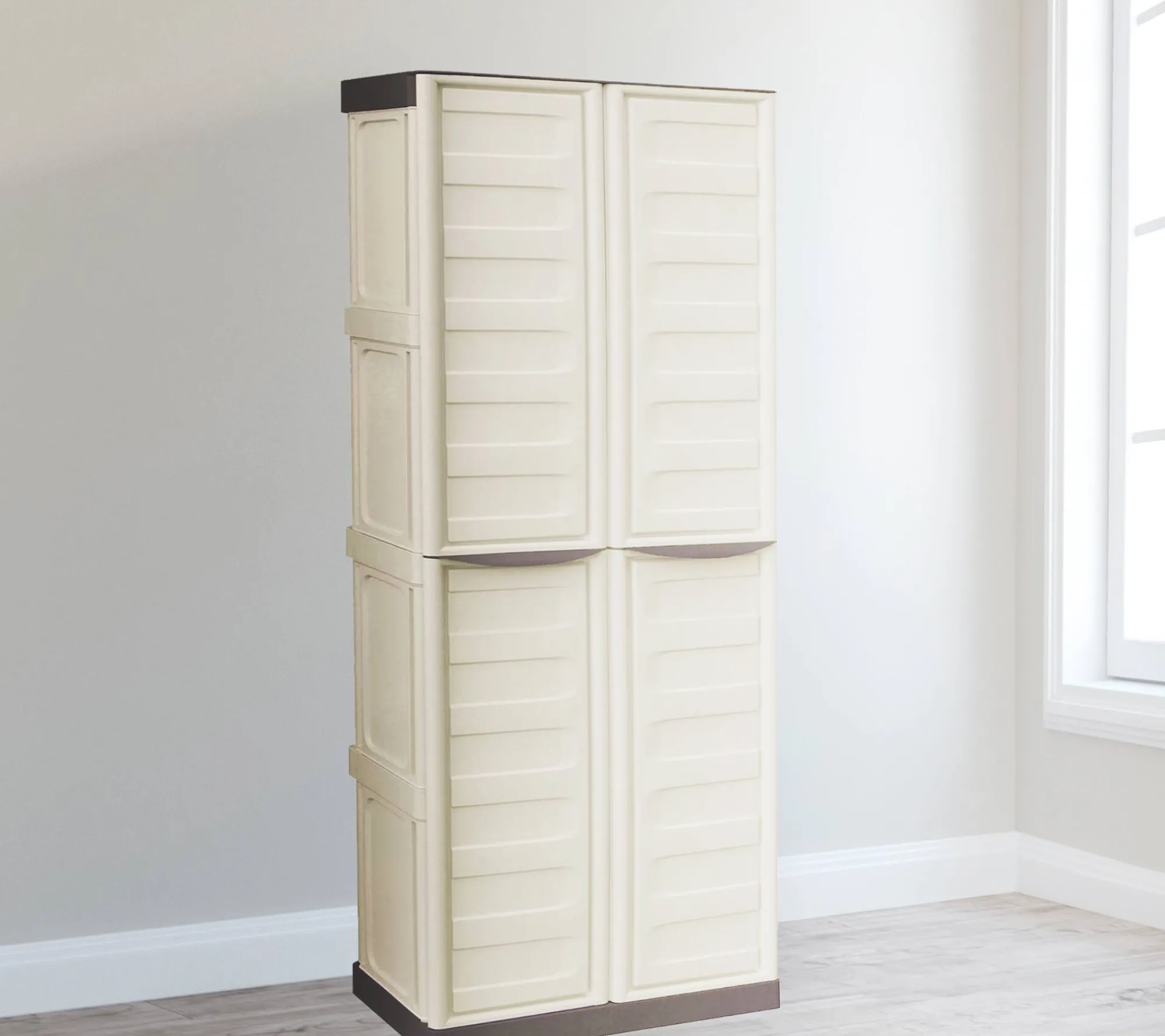 Armadio da esterno Adenina, Beige e Marrone, 70x39h165 cm Finitura righe<Dmora Discount