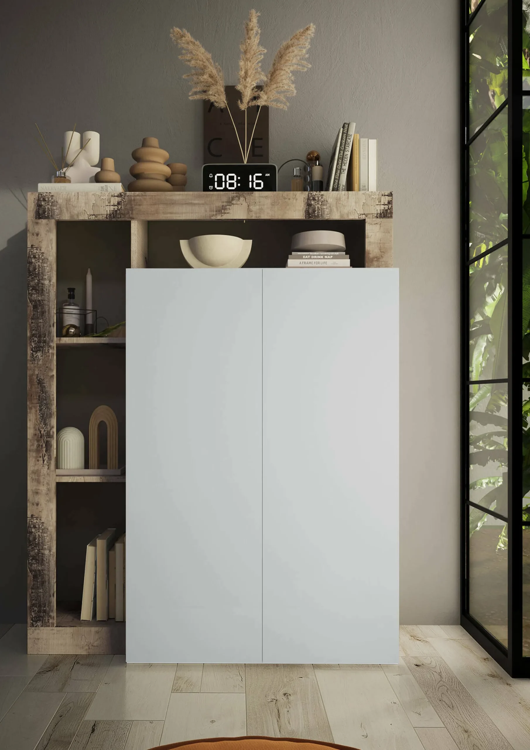 Armadio multiuso 2 ante Dbea, 78x35 h116 cm, Bianco lucido e Rovere<Dmora Discount