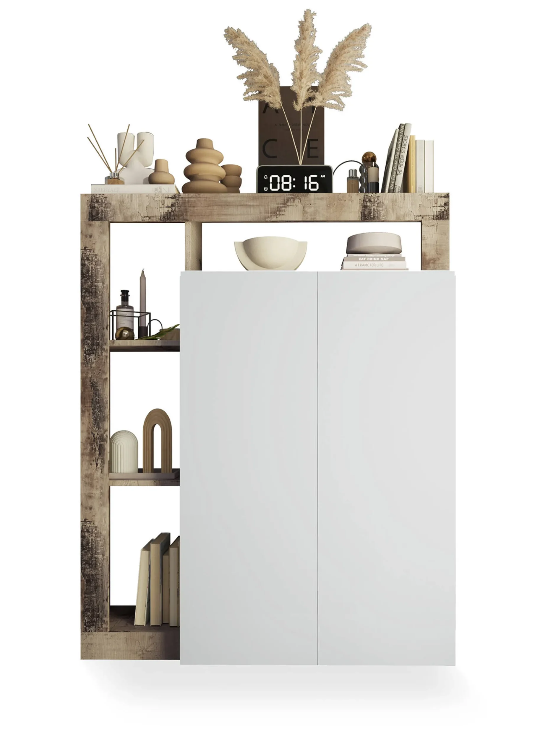Armadio multiuso 2 ante Dbea, 78x35 h116 cm, Bianco lucido e Rovere<Dmora Discount