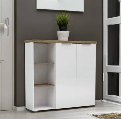 Armadio multiuso 2 ante Ddigennar, 120x34h115 cm, Bianco lucido e Rovere<Dmora Clearance