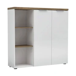 Armadio multiuso 2 ante Ddigennar, 120x34h115 cm, Bianco lucido e Rovere<Dmora Clearance