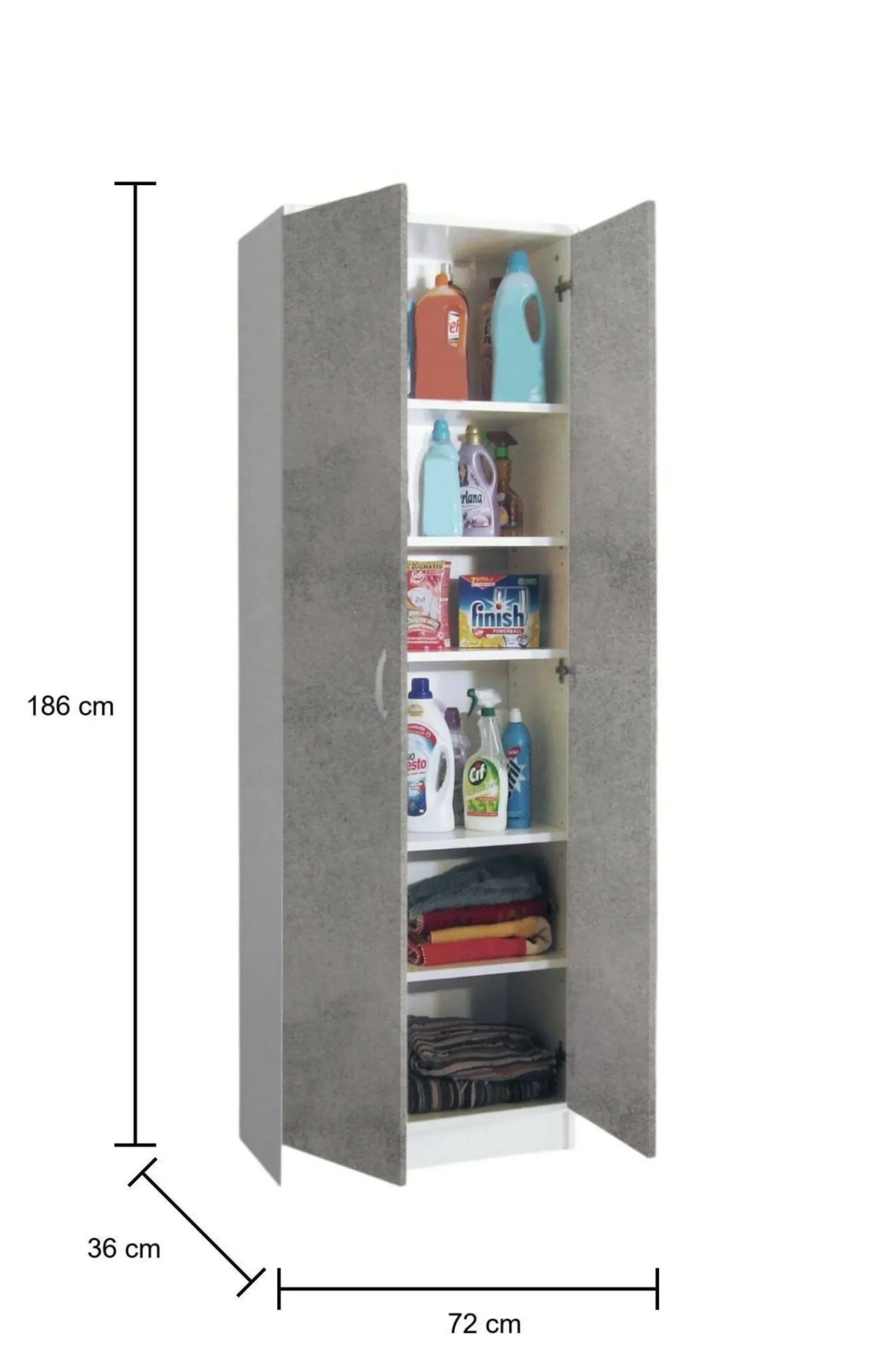 Armadio multiuso 2 ante Dradic, 72x36h186 cm, Bianco e Cemento<Dmora Fashion