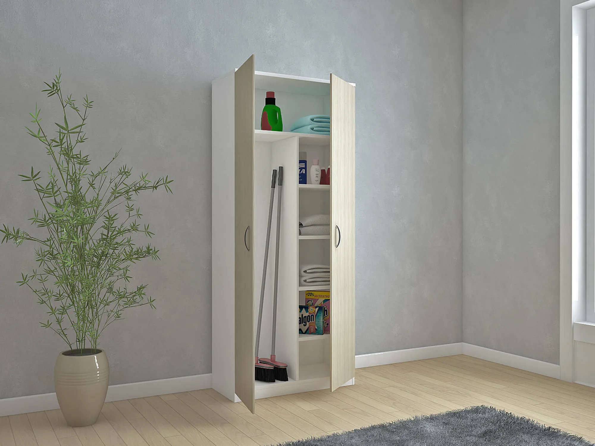 Armadio multiuso 2 ante Shiro, 72x36h186 cm, Bianco e Rovere<Dmora Best