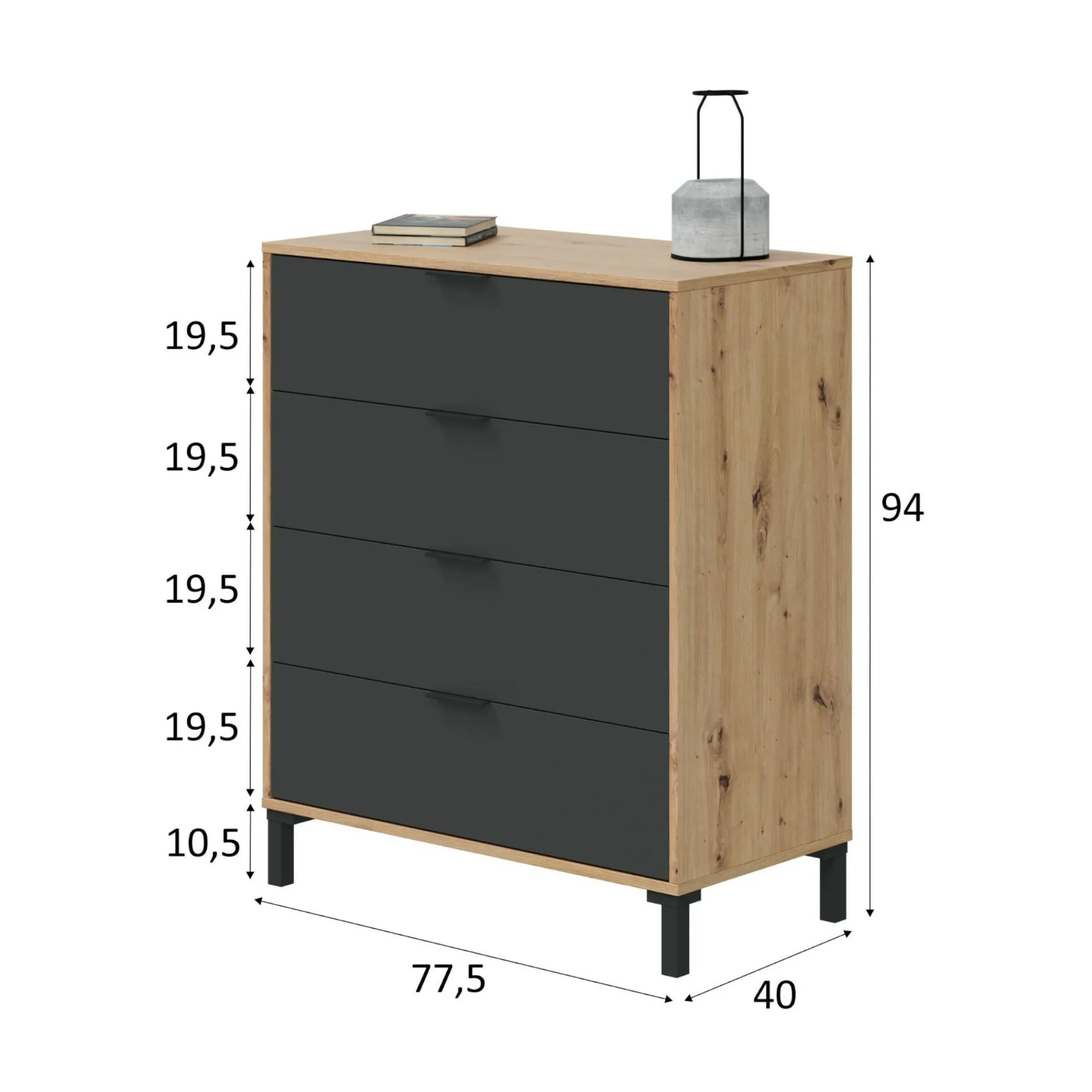 Cassettiera Alfana, 76x40h94 cm, Rovere nodi e Antracite<Dmora New
