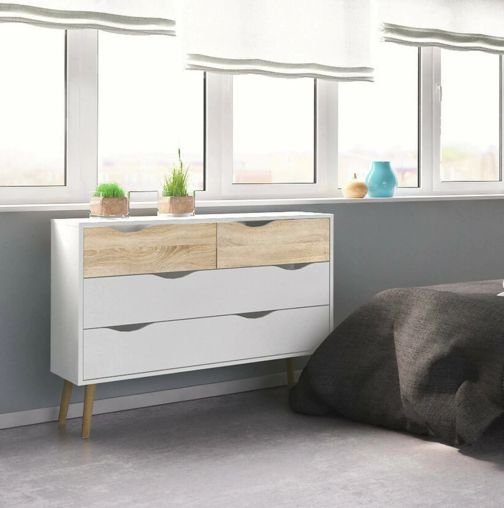 Cassettiera Azir, 98x39 h81 cm, Bianco e Quercia<Dmora Best