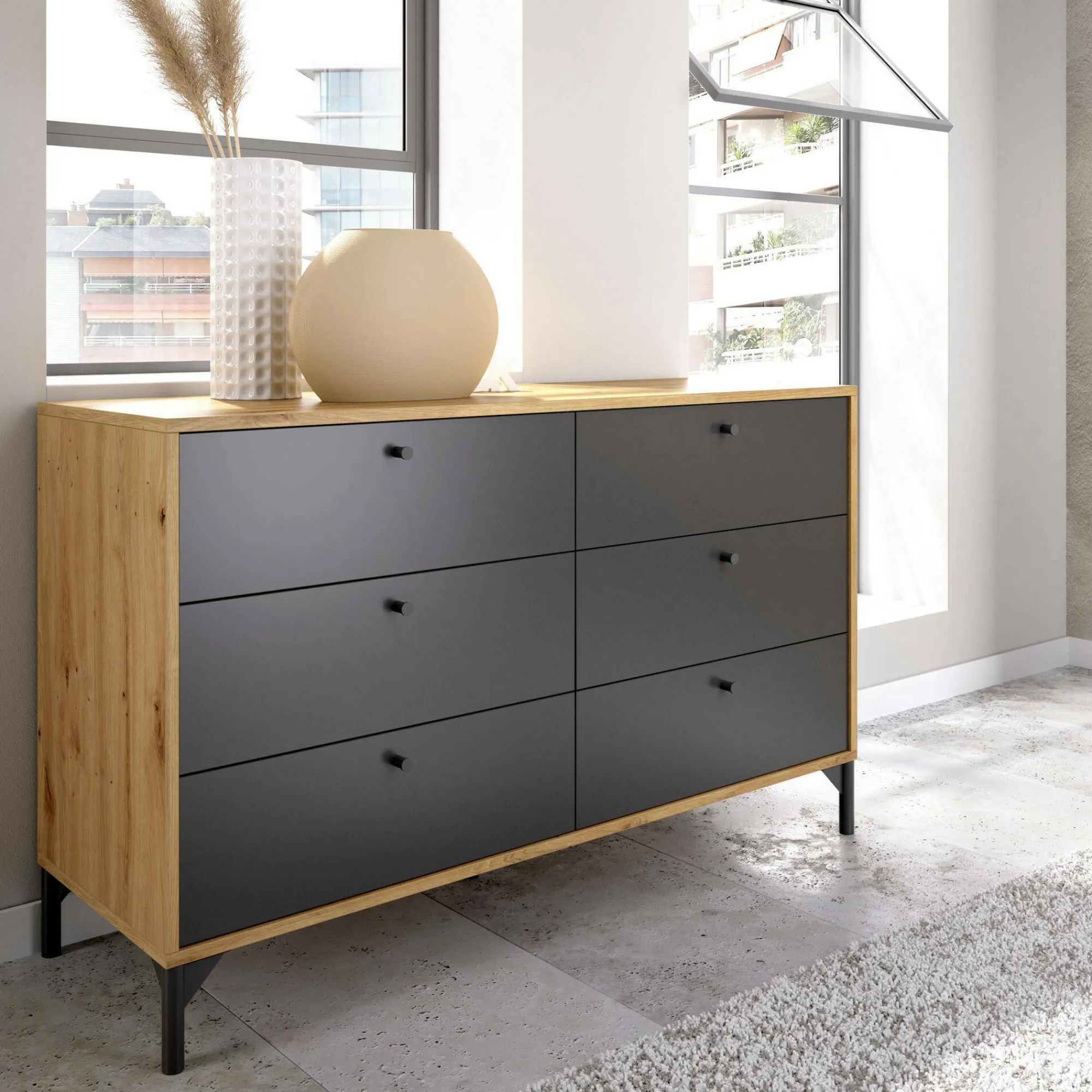 Cassettiera Dlogozz, 120x40h82 cm, Rovere e Antracite<Dmora Shop