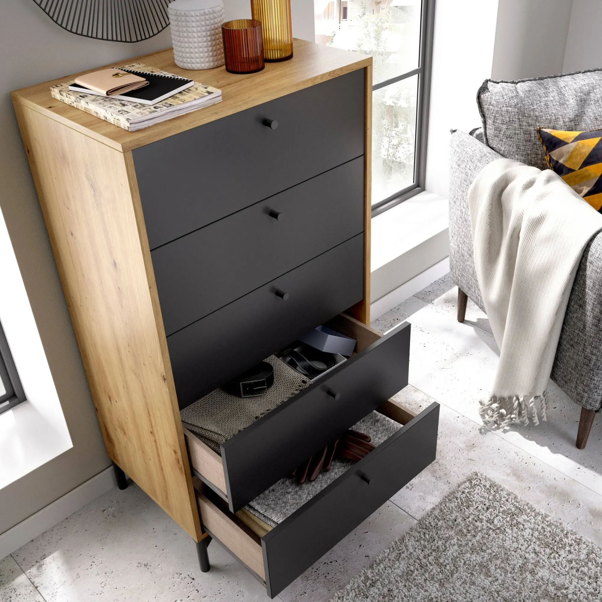 Cassettiera Dlovati, 60x40h127 cm, Rovere e Antracite<Dmora Cheap