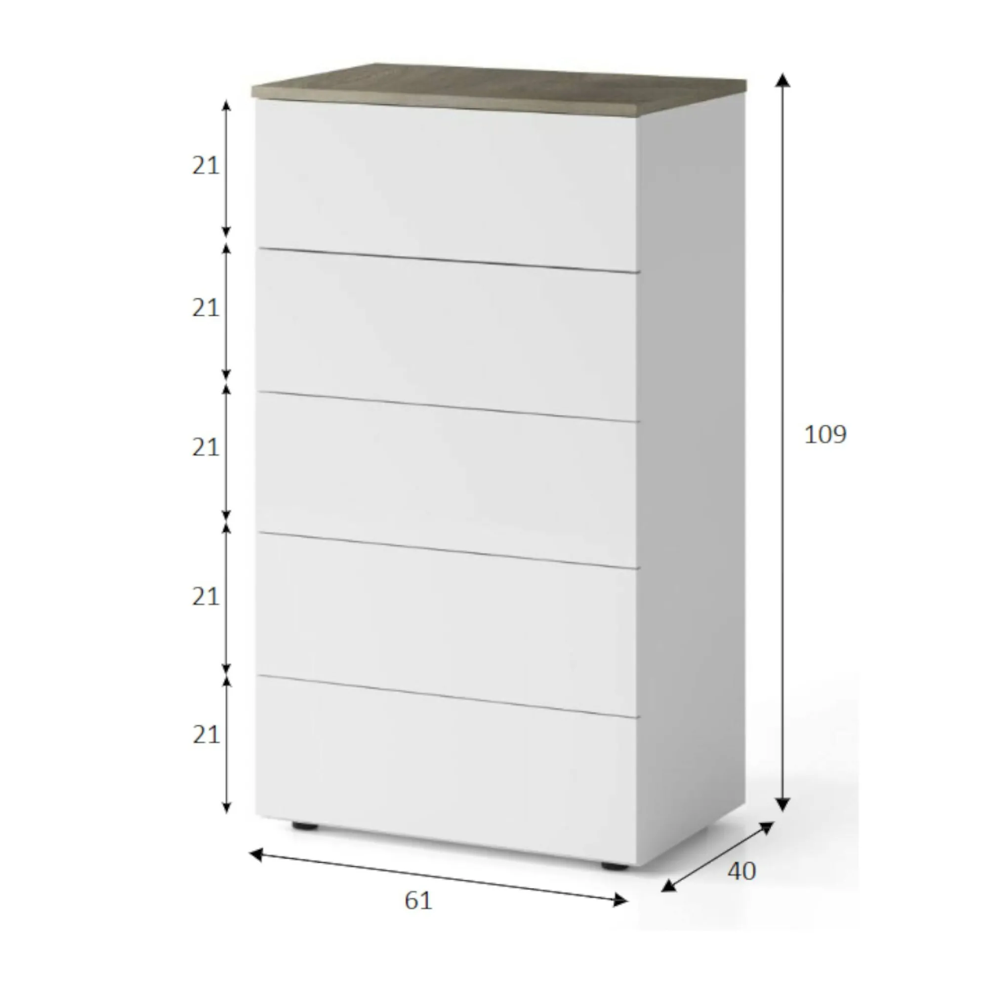 Cassettiera Dmeucc, 61x40h109 cm, Bianco e Rovere<Dmora Hot
