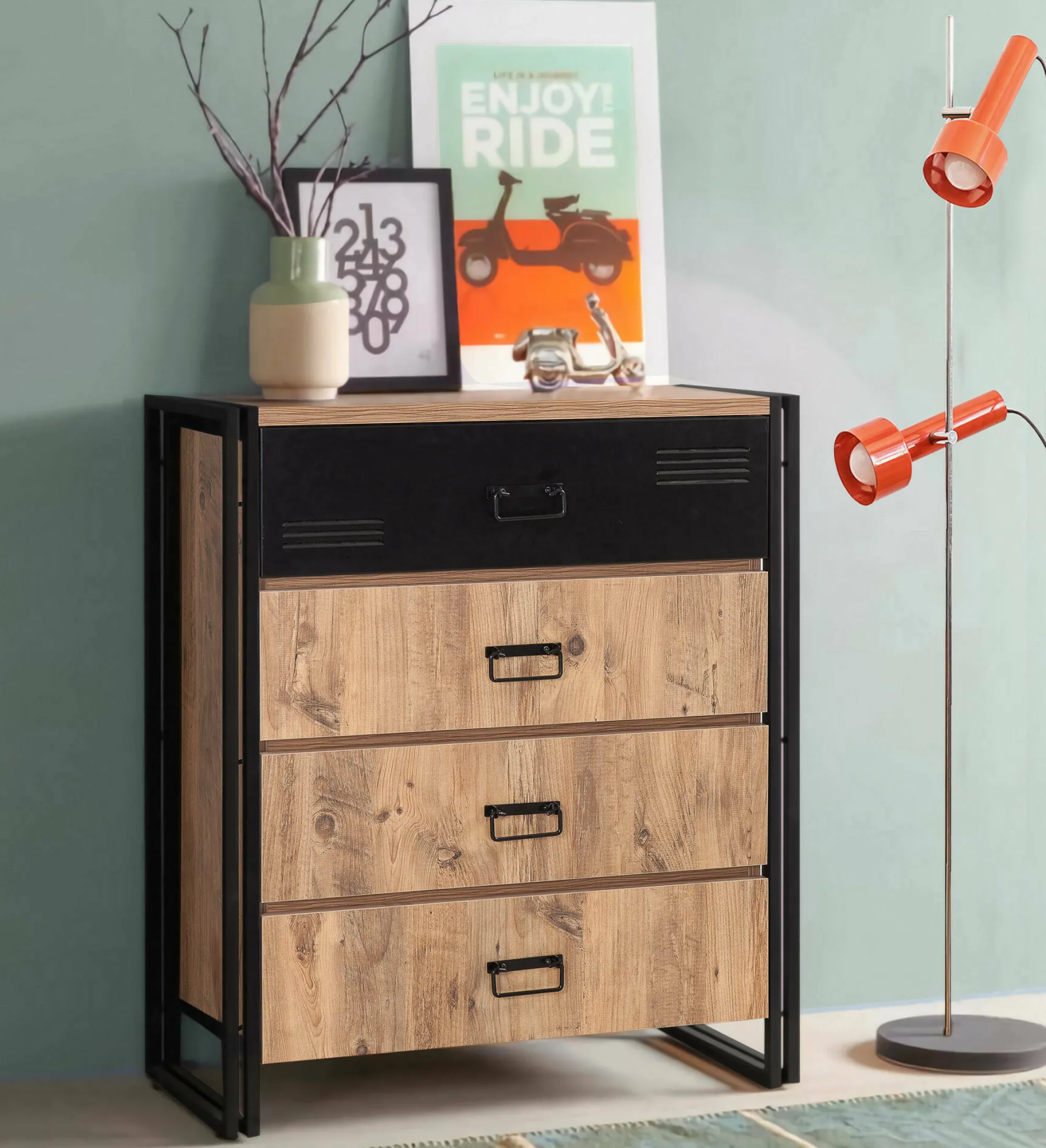 Cassettiera Nicolas, 90x40 h100 cm, Quercia e Nero<Dmora Hot