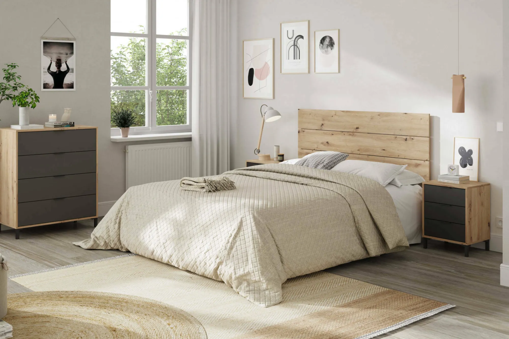 Comodino Allan, 160x2 cm, Rovere effetto nodi e Antracite<Dmora Fashion