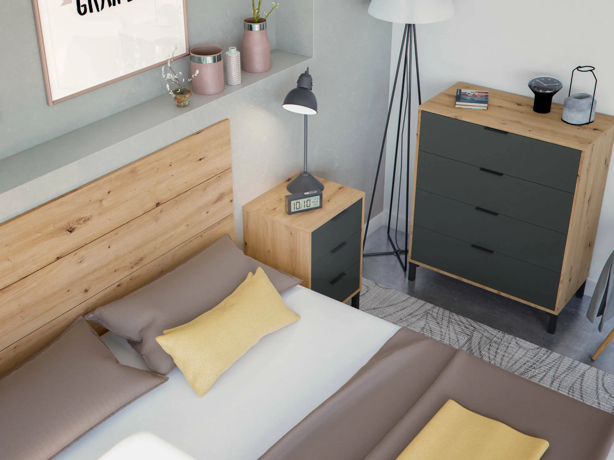Comodino Allan, 160x2 cm, Rovere effetto nodi e Antracite<Dmora Fashion