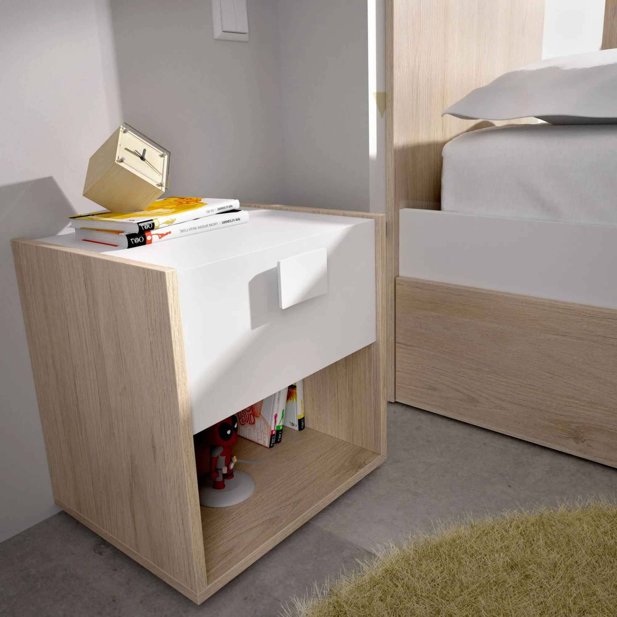 Comodino Artica, 40x33h42 cm, Bianco e Rovere<Dmora Clearance