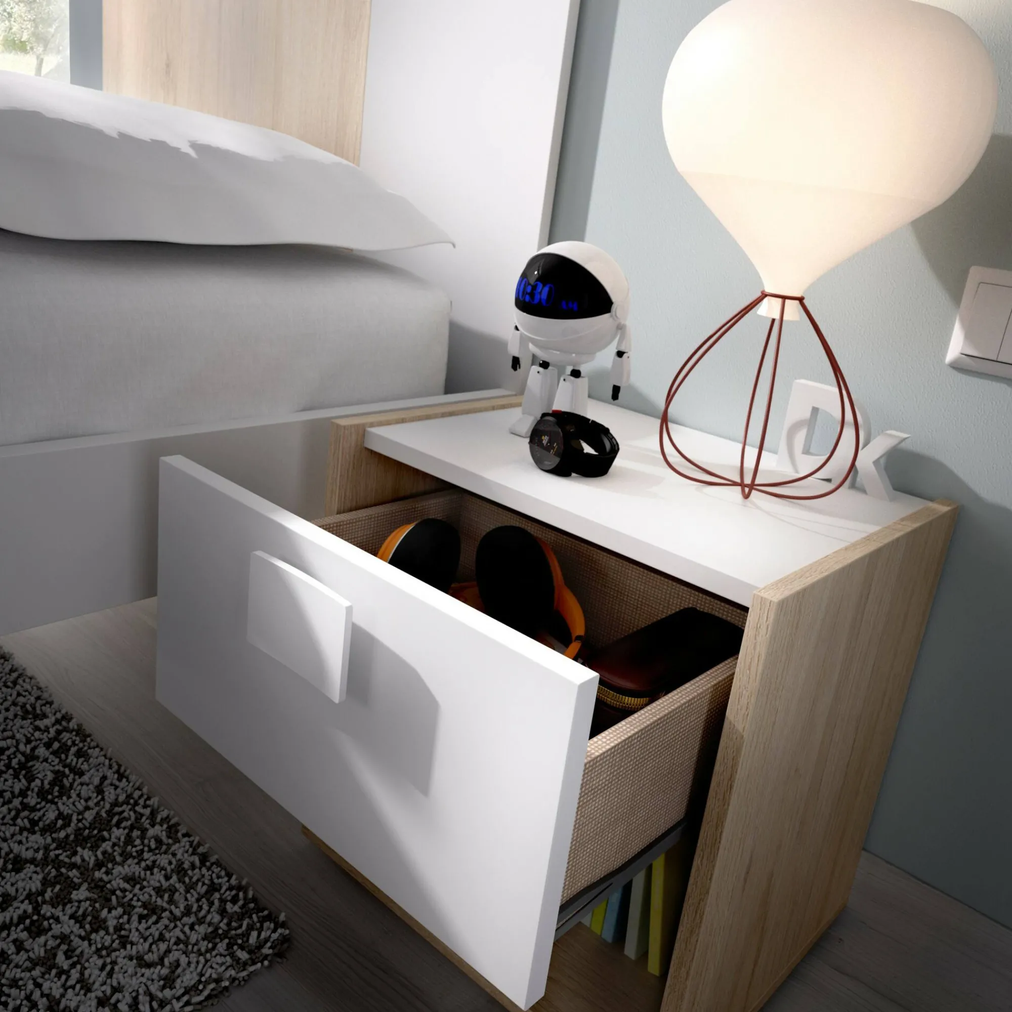 Comodino Artica, 40x33h42 cm, Bianco e Rovere<Dmora Clearance