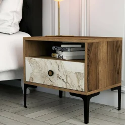 Comodino Editta, 56x40h51 cm, Noce e Bianco Marmo<Dmora Clearance