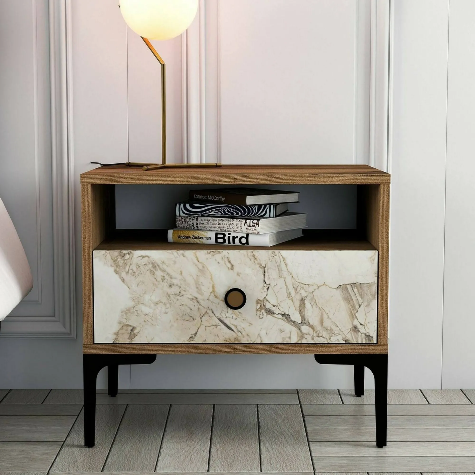 Comodino Editta, 56x40h51 cm, Noce e Bianco Marmo<Dmora Clearance