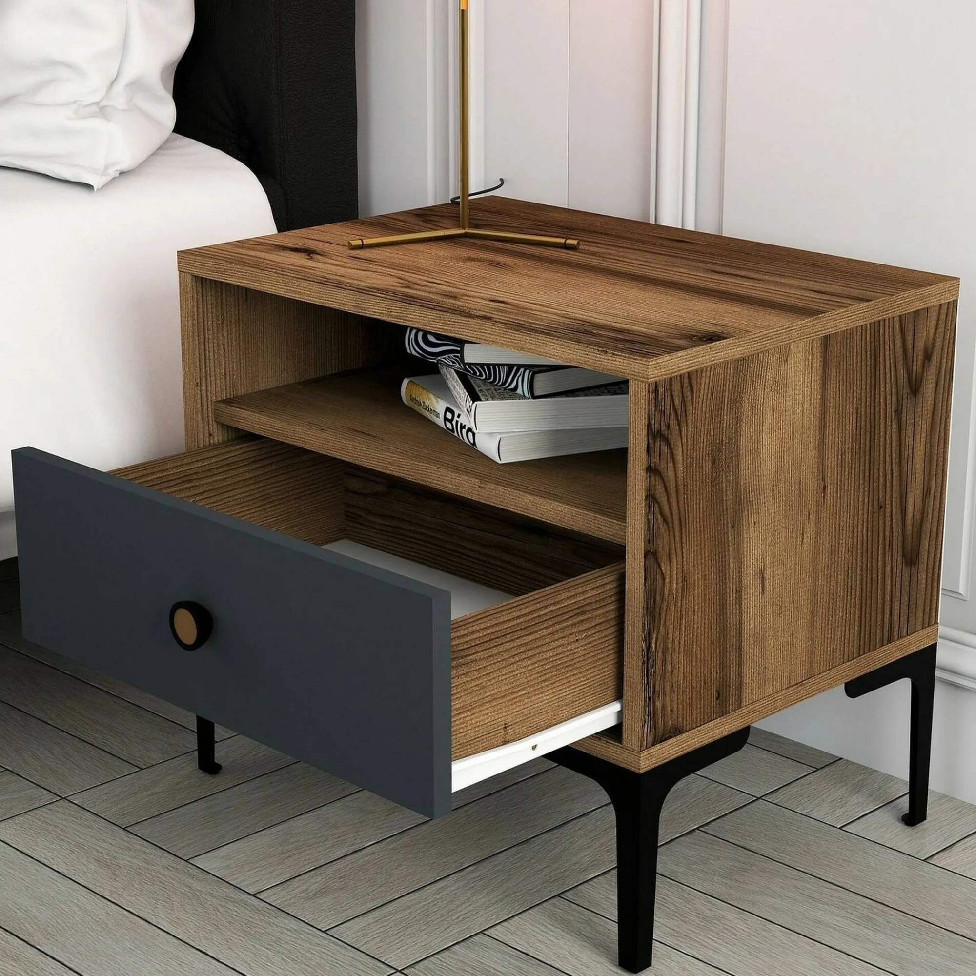 Comodino Editta, 56x40h51 cm, Noce e Antracite<Dmora Clearance