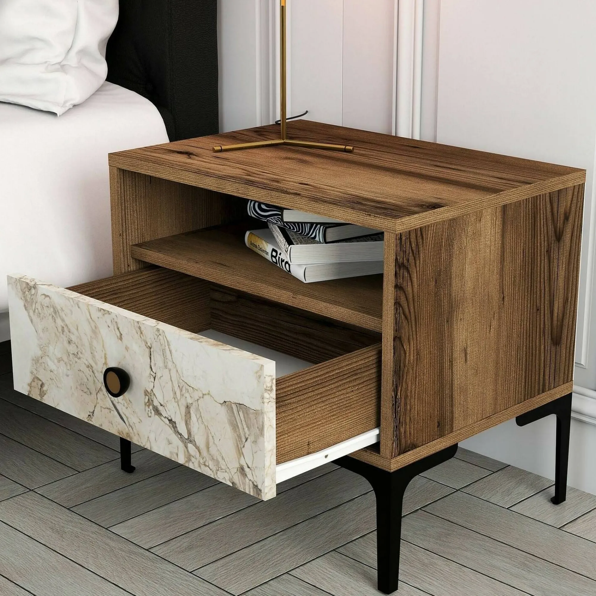 Comodino Editta, 56x40h51 cm, Noce e Bianco Marmo<Dmora Clearance