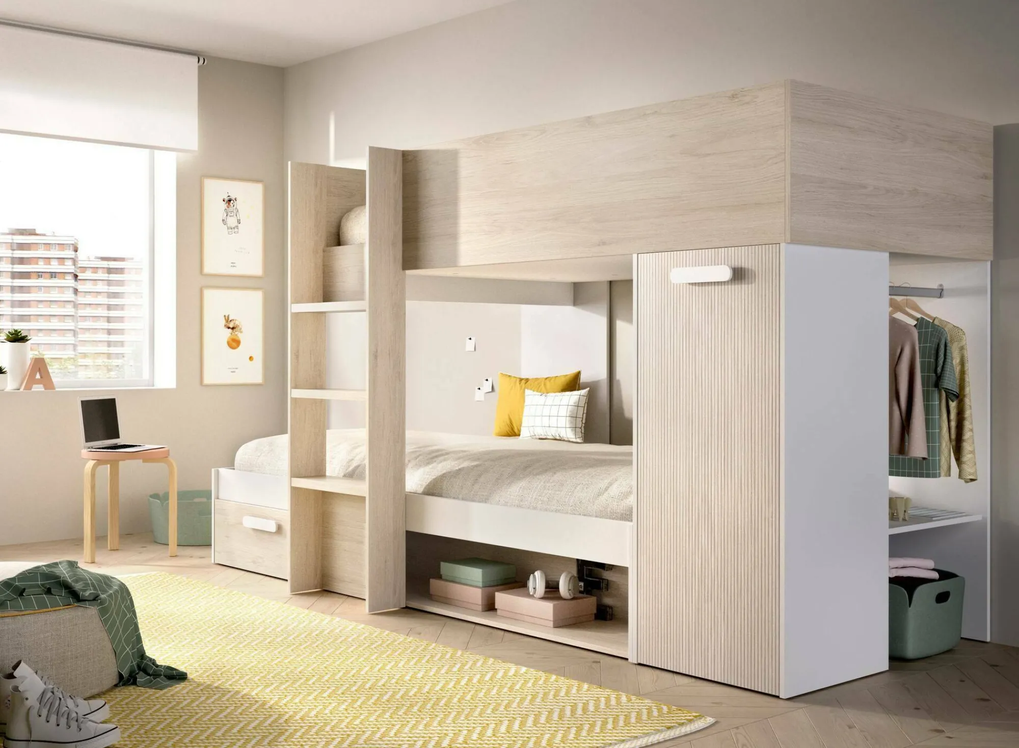 Composizione camera da letto Pinus, 246x112 h150 cm, Bianco e Rovere<Dmora Fashion