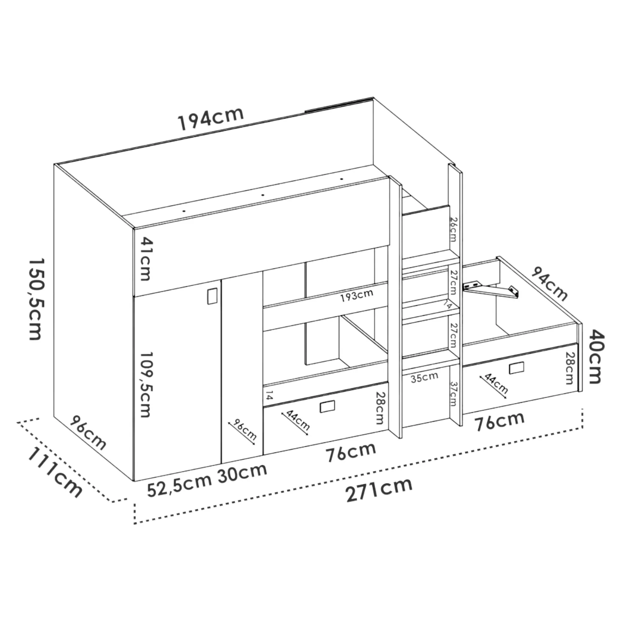Composizione camera da letto Dbajram, 271x111h150 cm, Bianco e Blu<Dmora Outlet