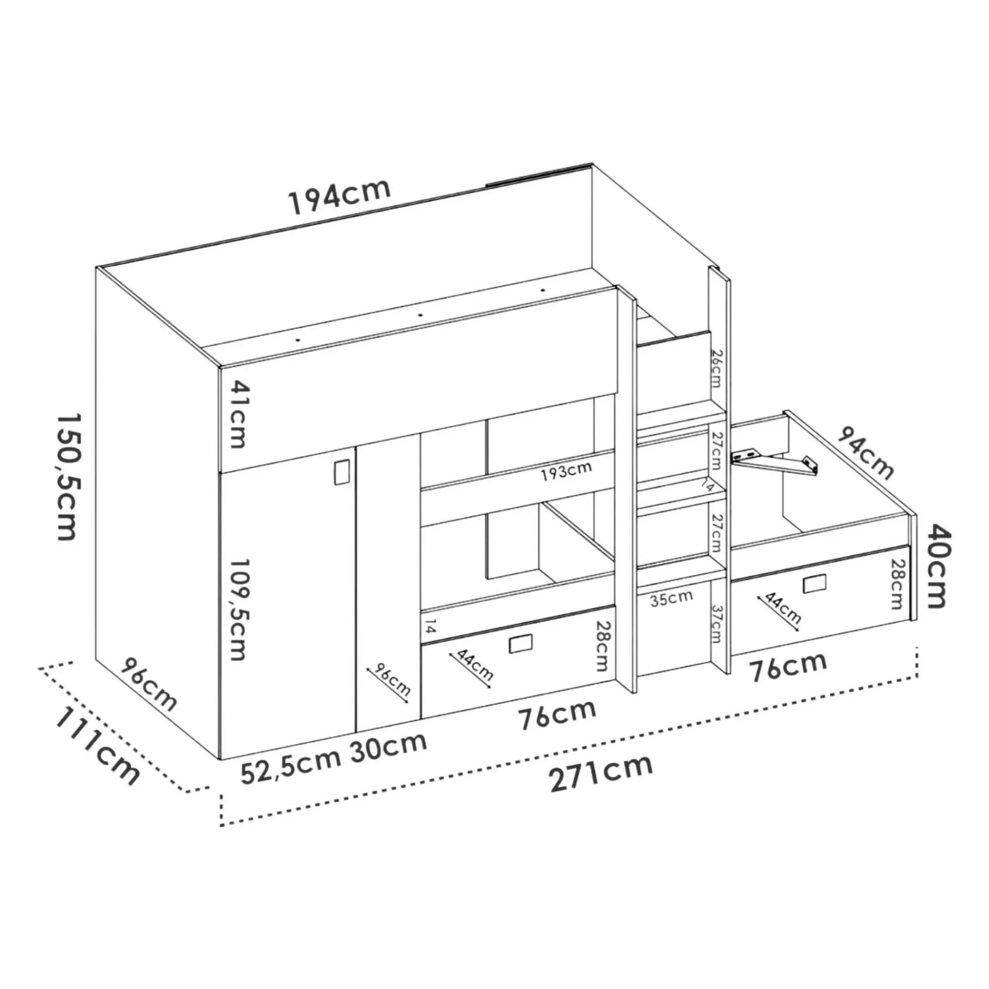 Composizione camera da letto Araba, 271x111h150 cm, Bianco e Rovere<Dmora Online