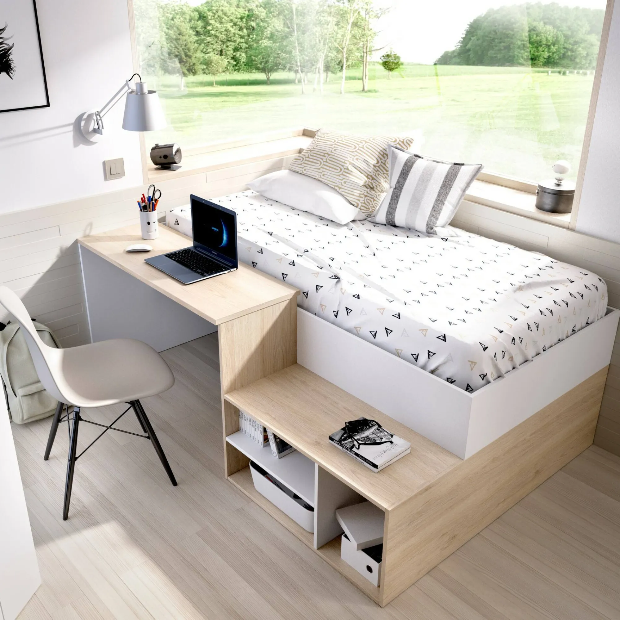 Composizione camera da letto Argh, 195x134h73 cm, Bianco e Rovere<Dmora New