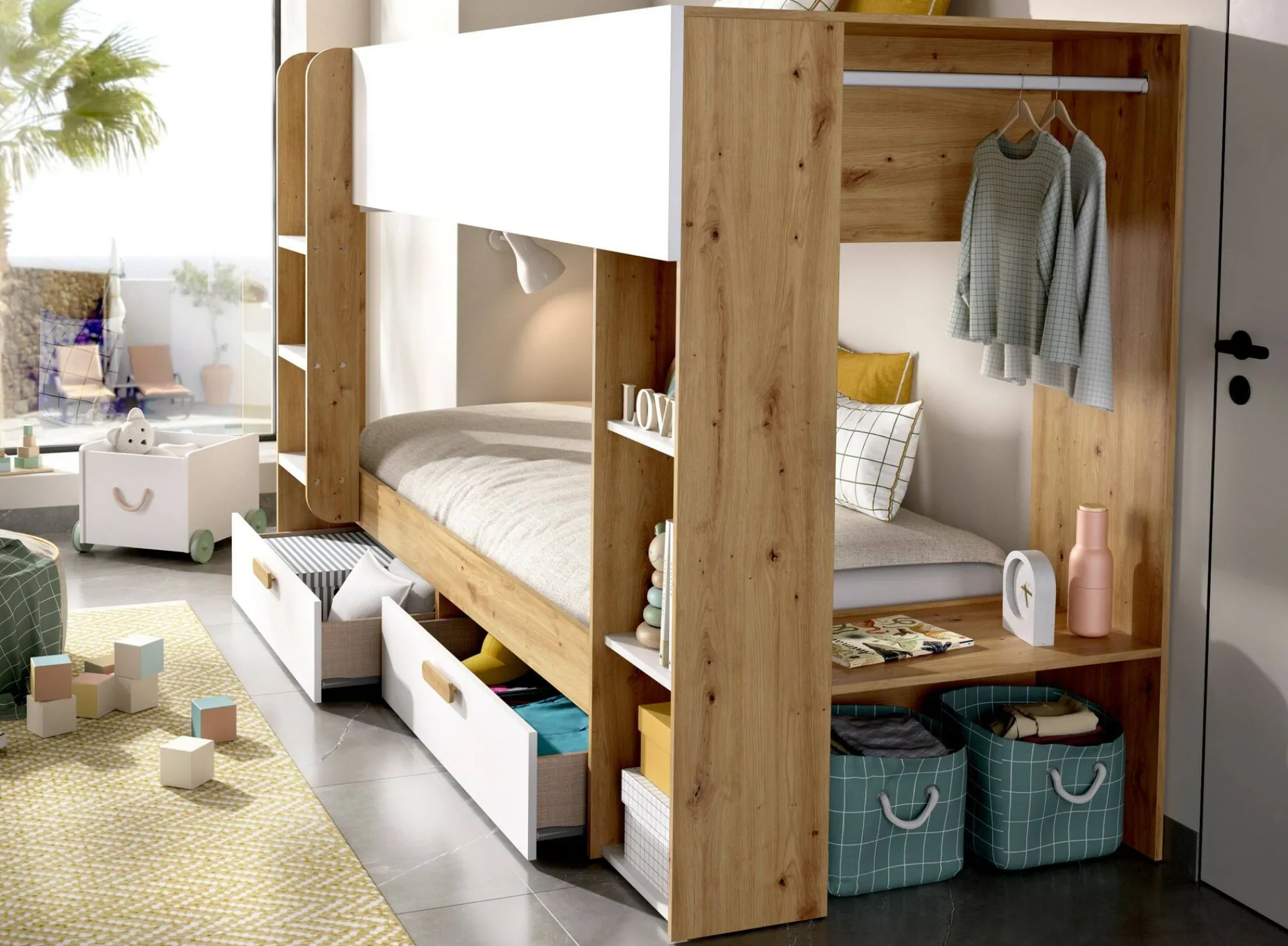 Composizione camera da letto Keli, 245x110 h150 cm, Bianco e Rovere Nodi<Dmora Best