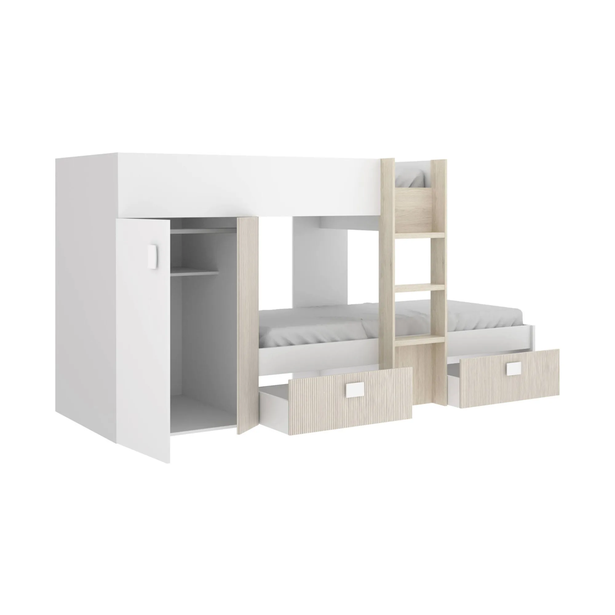Composizione camera da letto Araba, 271x111h150 cm, Bianco e Rovere<Dmora Online