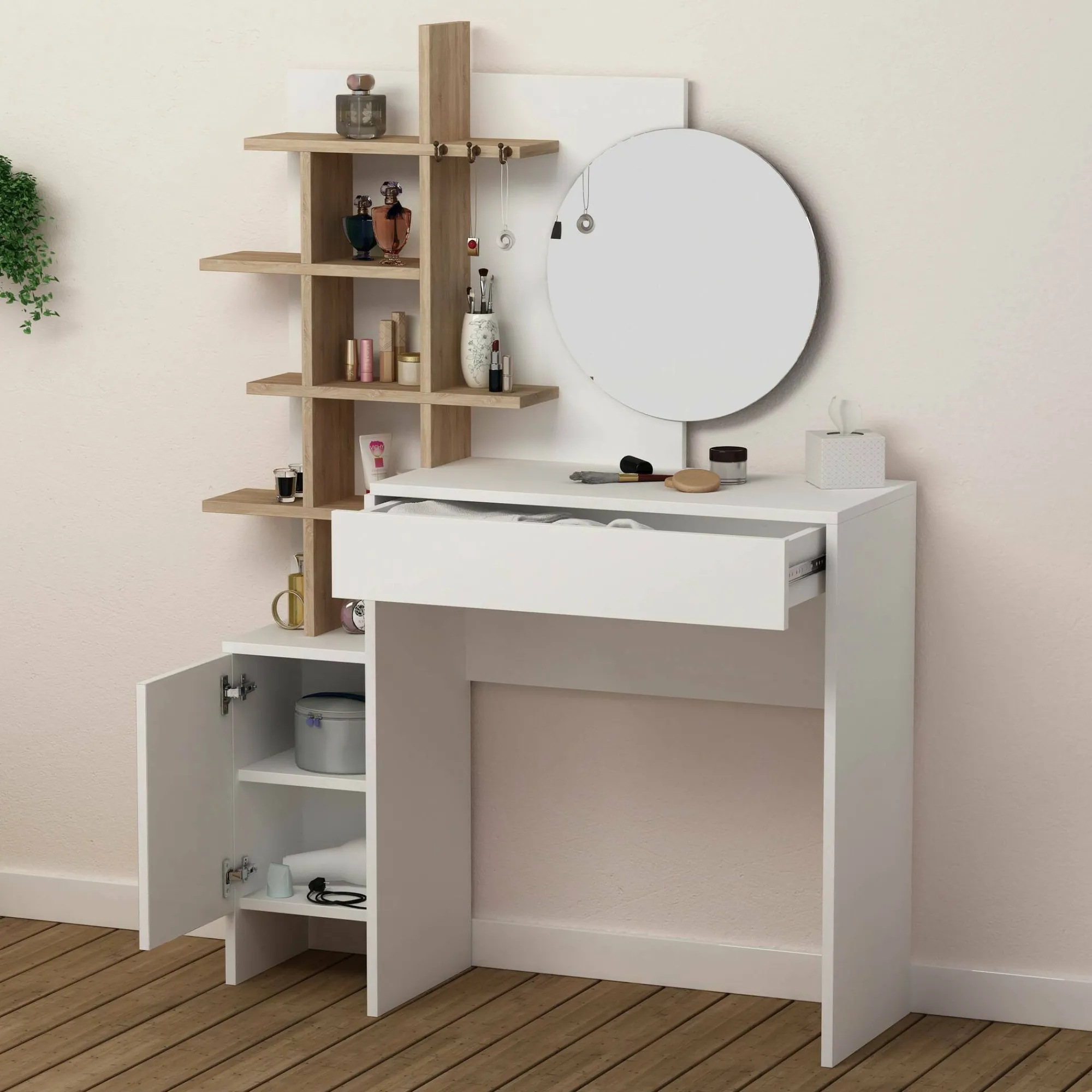 Consolle Draspador, 35x35 h151 cm, Bianco e Quercia<Dmora Cheap