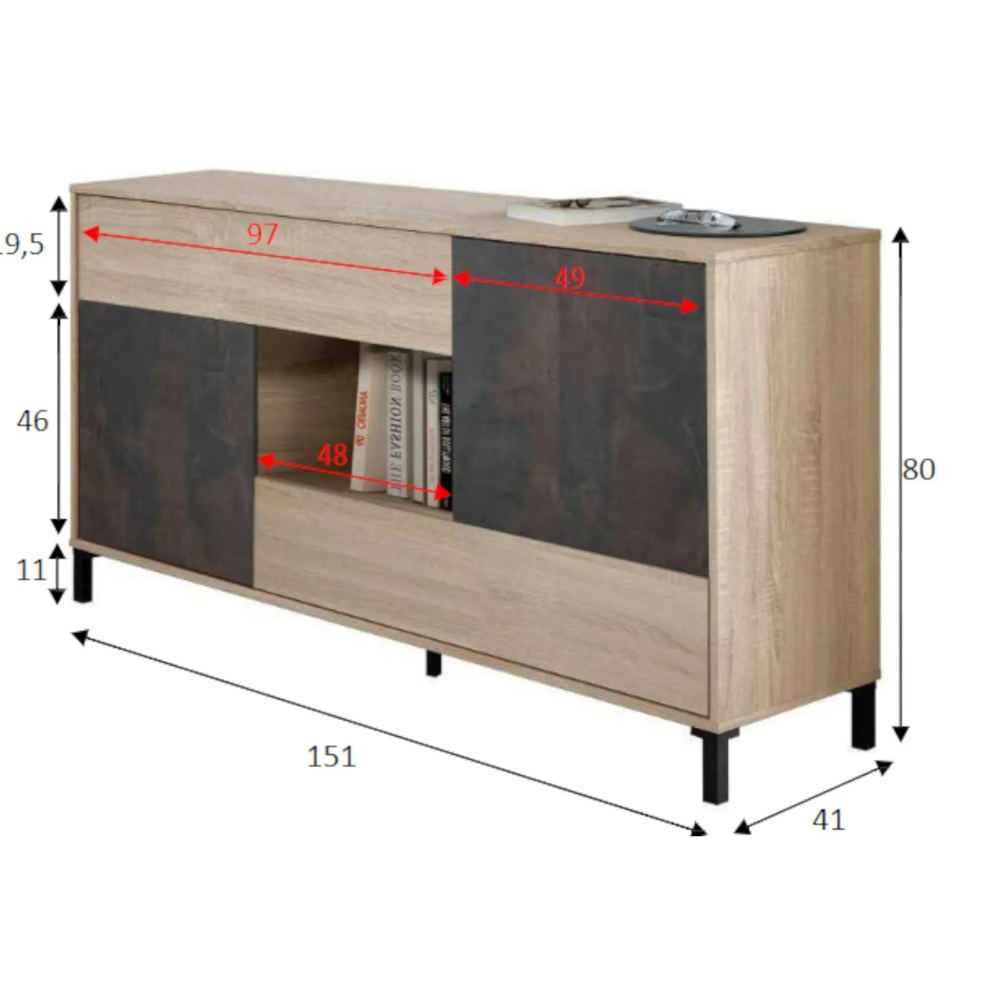 Credenza Abib, 151x41h80 cm, Rovere e Ossido<Dmora Discount