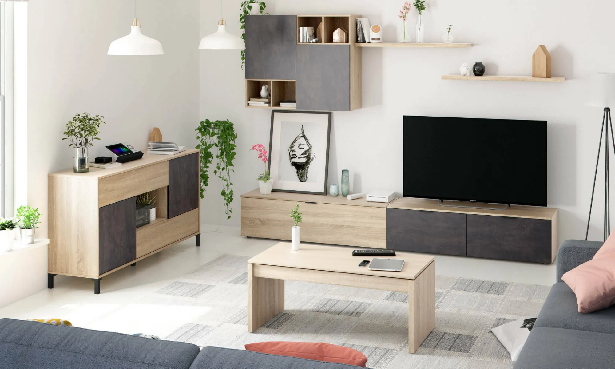 Credenza Abib, 151x41h80 cm, Rovere e Ossido<Dmora Discount