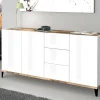 Credenza Abic, cm 160x40h82, Bianco lucido e Acero<Dmora Sale