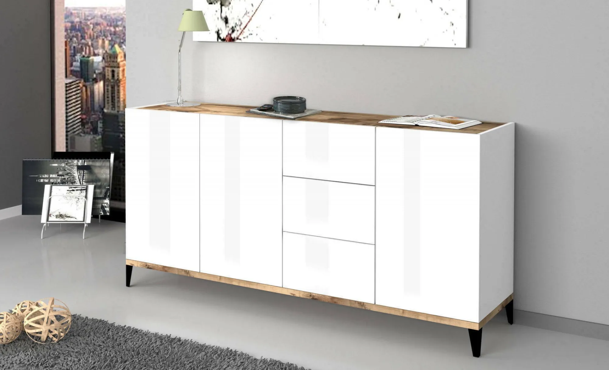 Credenza Abic, cm 160x40h82, Bianco lucido e Acero<Dmora Sale