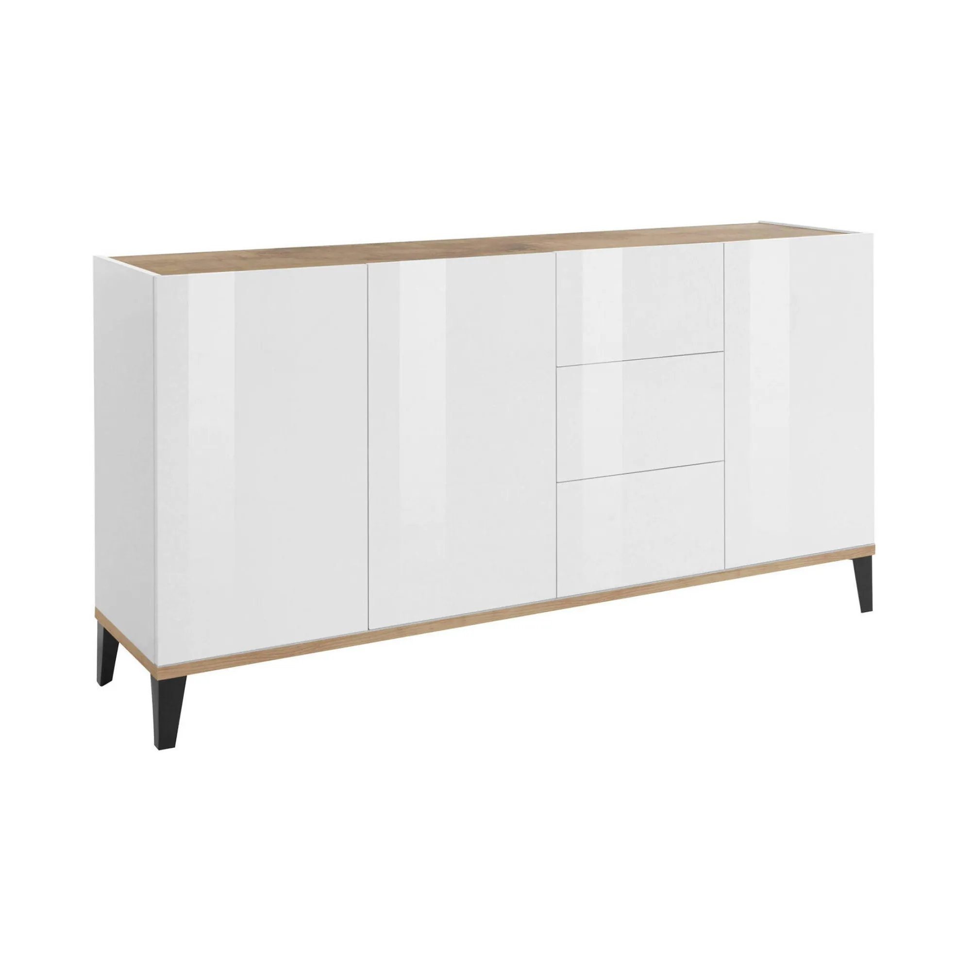 Credenza Abic, cm 160x40h82, Bianco lucido e Acero<Dmora Sale
