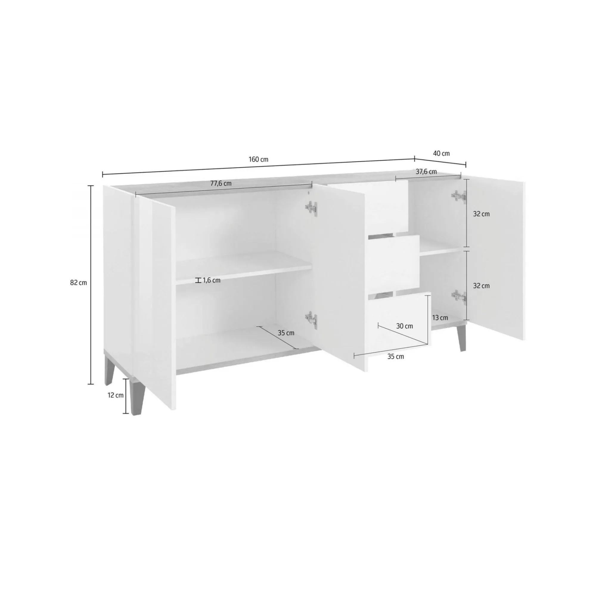 Credenza Abic, cm 160x40h82, Bianco lucido e Acero<Dmora Sale