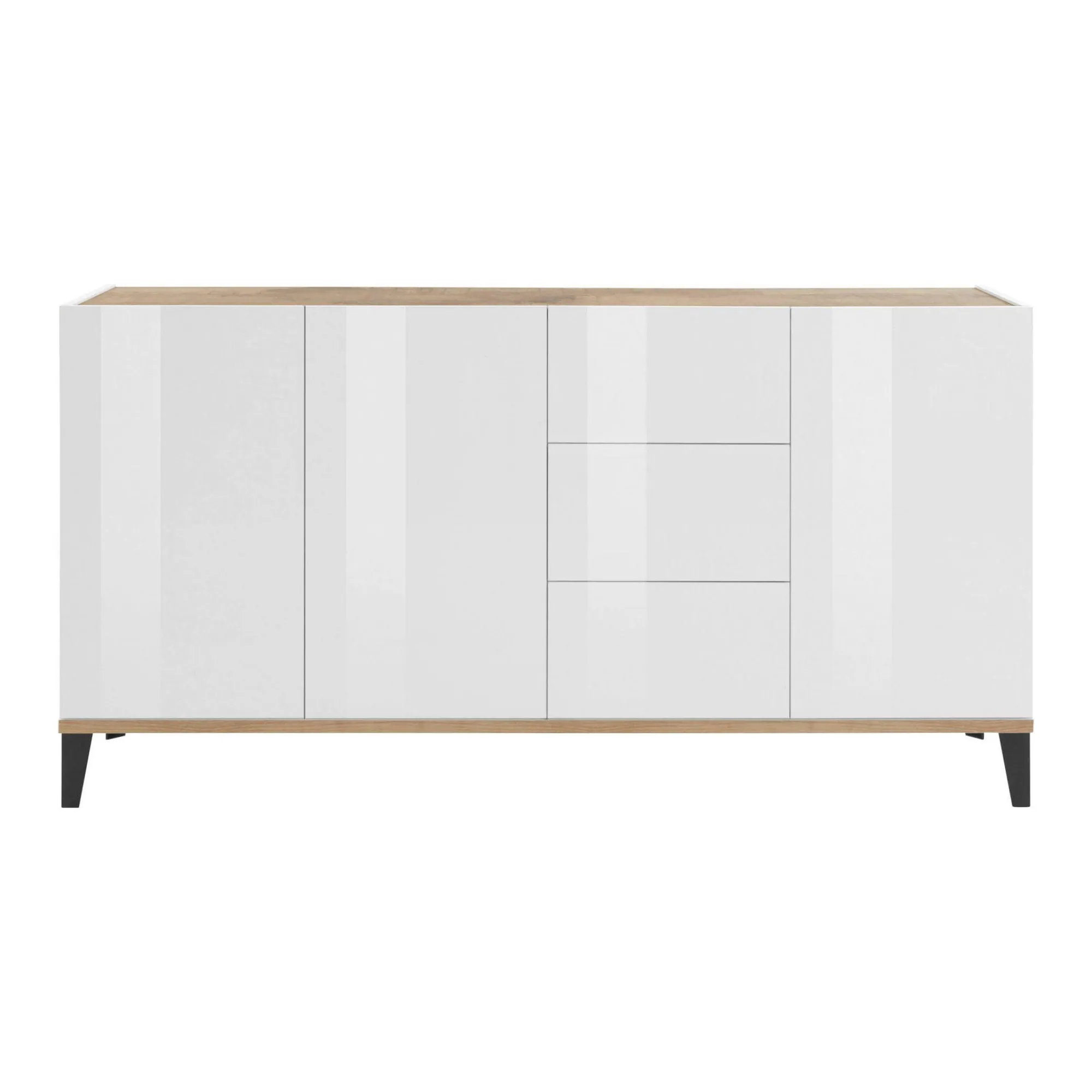 Credenza Abic, cm 160x40h82, Bianco lucido e Acero<Dmora Sale