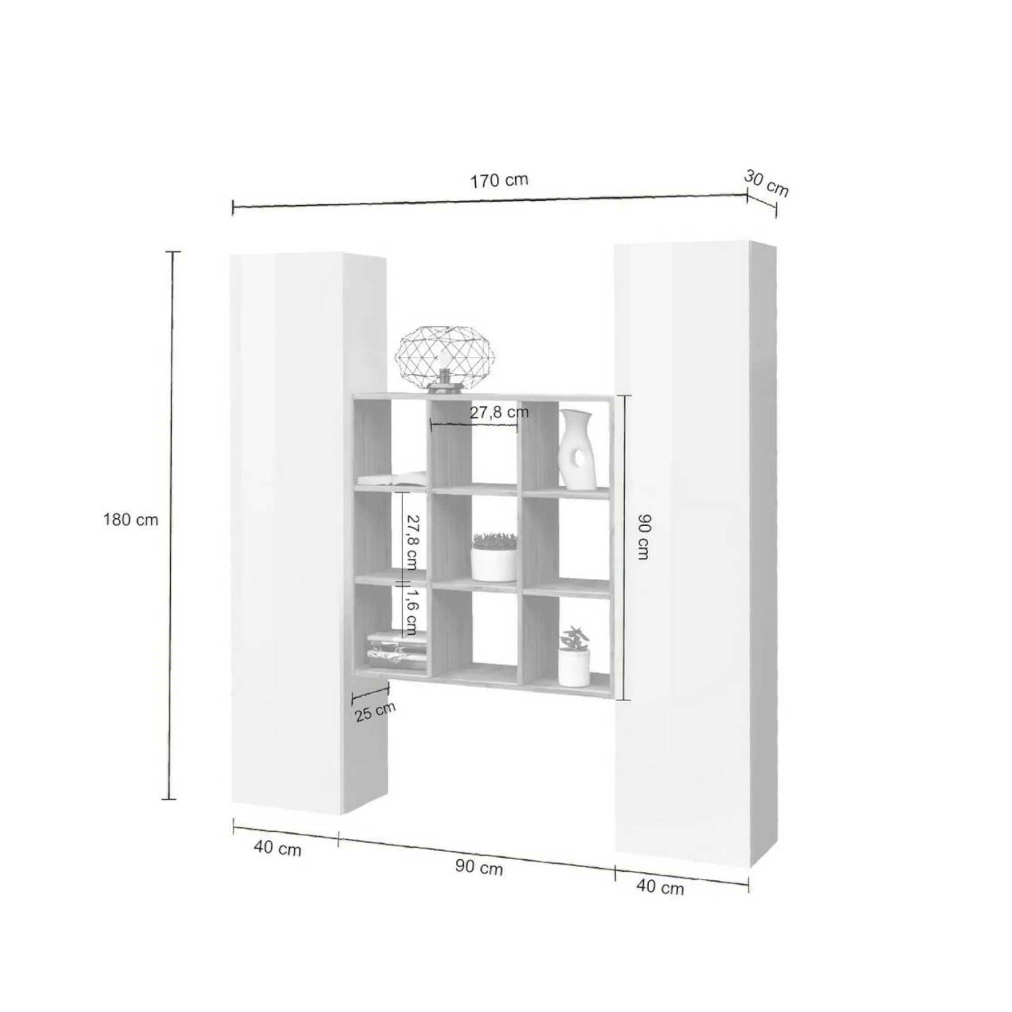 Credenza Acerenza, cm 170x30h180, Bianco lucido e Acero<Dmora New