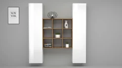 Credenza Acerenza, cm 170x30h180, Bianco lucido e Acero<Dmora New