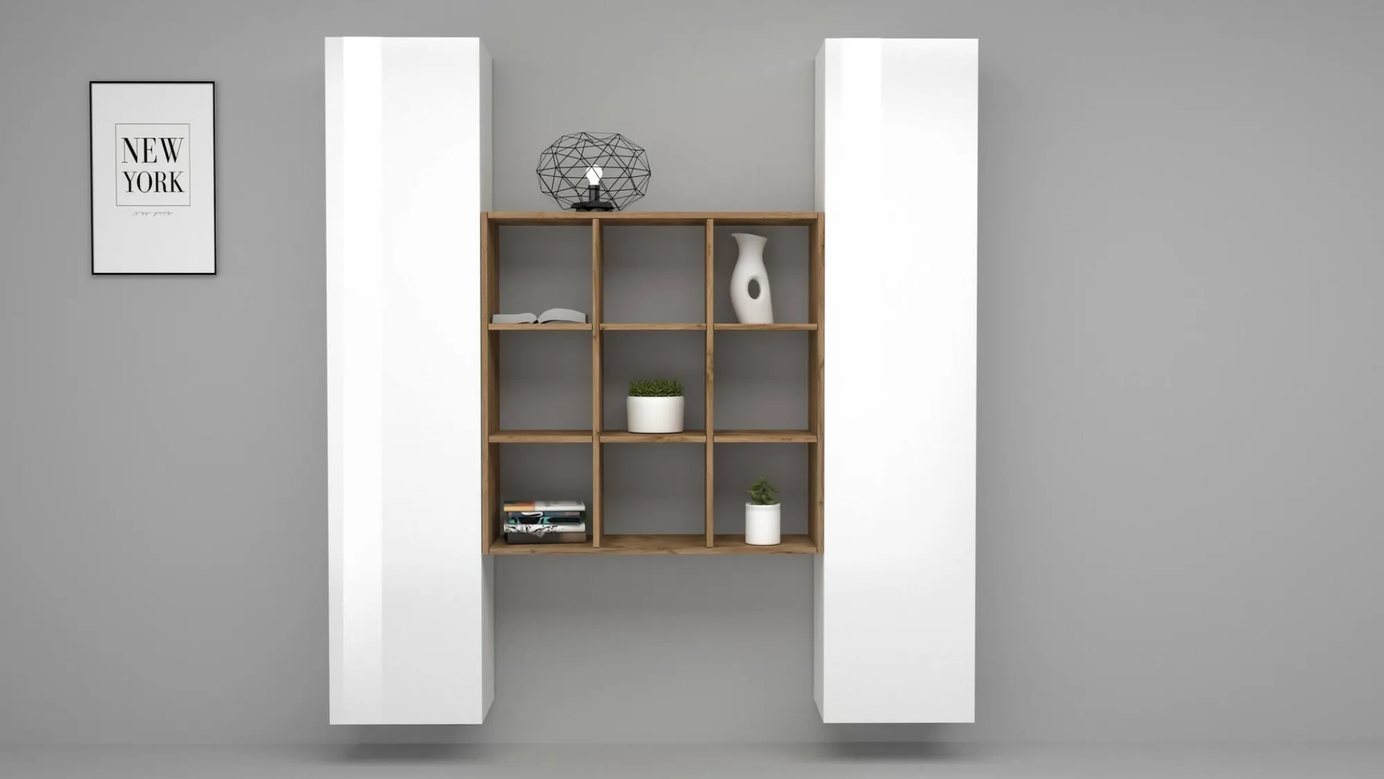 Credenza Acerenza, cm 170x30h180, Bianco lucido e Acero<Dmora New