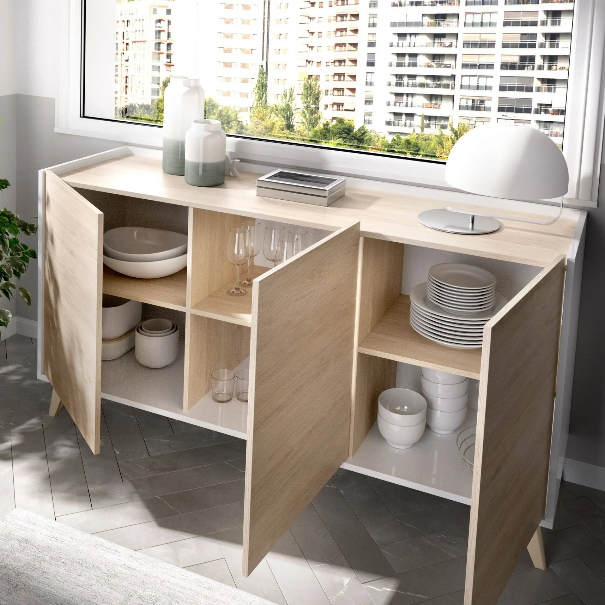 Credenza Afrodite, 155x43h75 cm, Rovere e Bianco<Dmora New