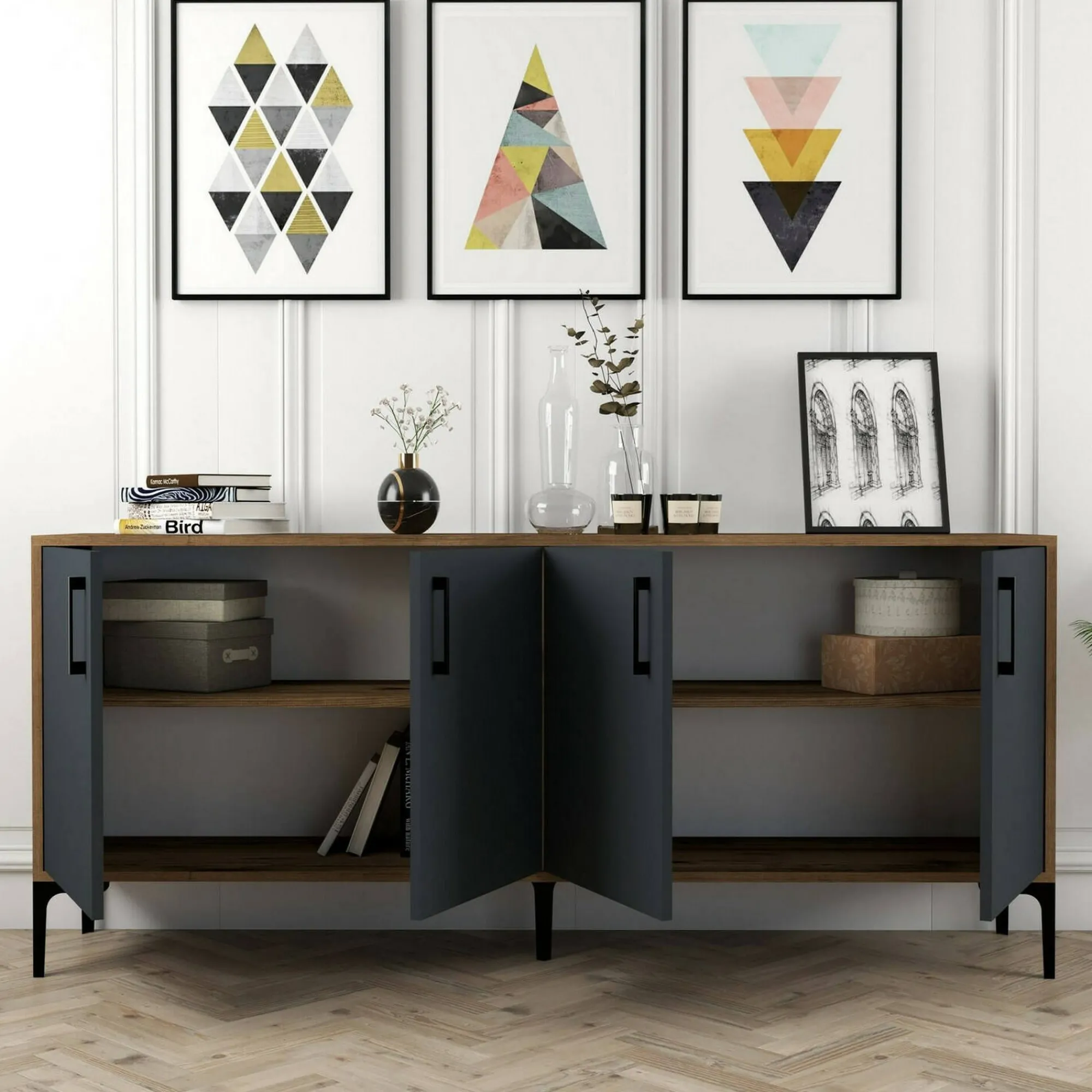 Credenza Agape, 180x35h78 cm, Noce e Antracite<Dmora New
