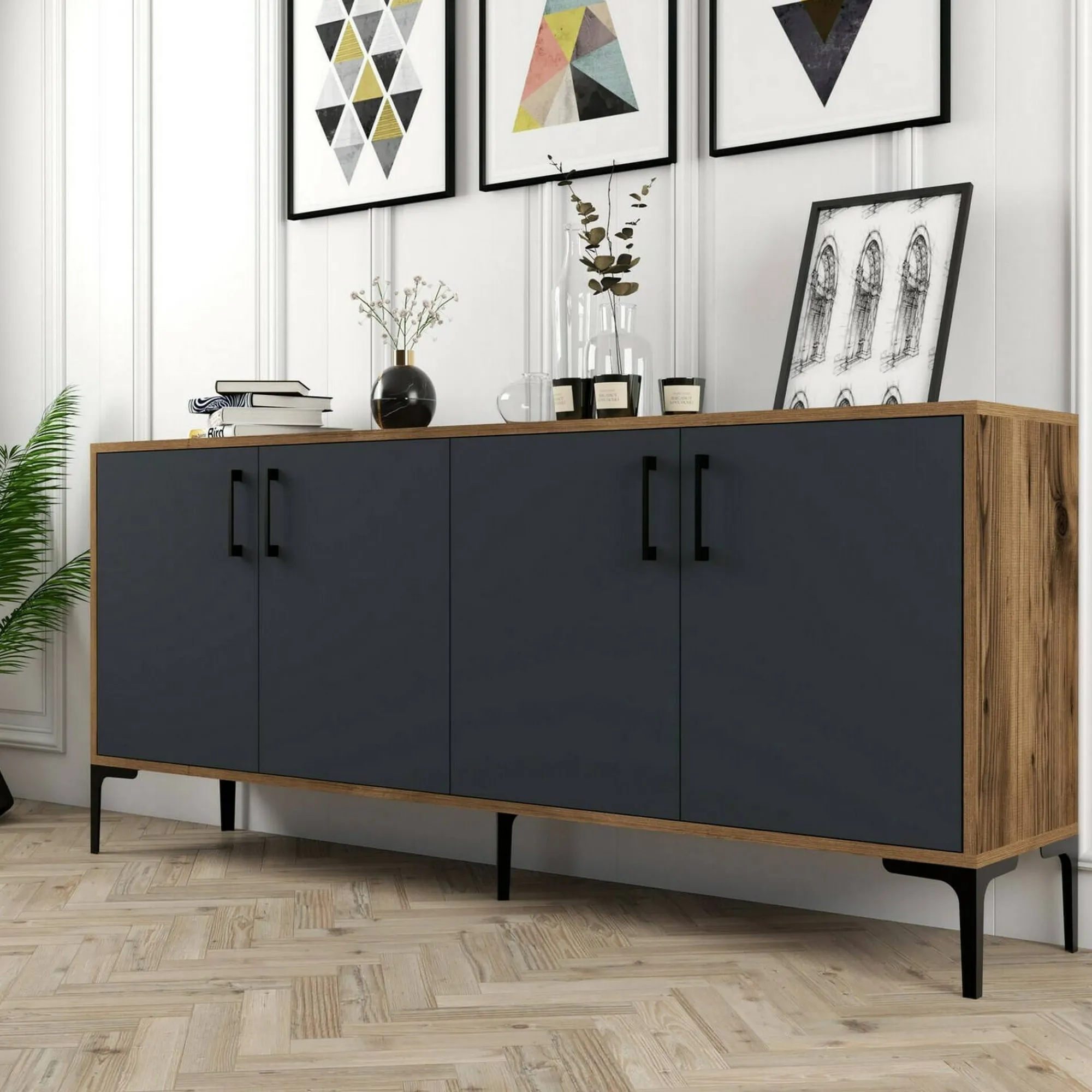 Credenza Agape, 180x35h78 cm, Noce e Antracite<Dmora New