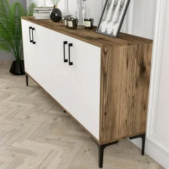 Credenza Agape, 180x35h78 cm, Noce e Bianco<Dmora Clearance