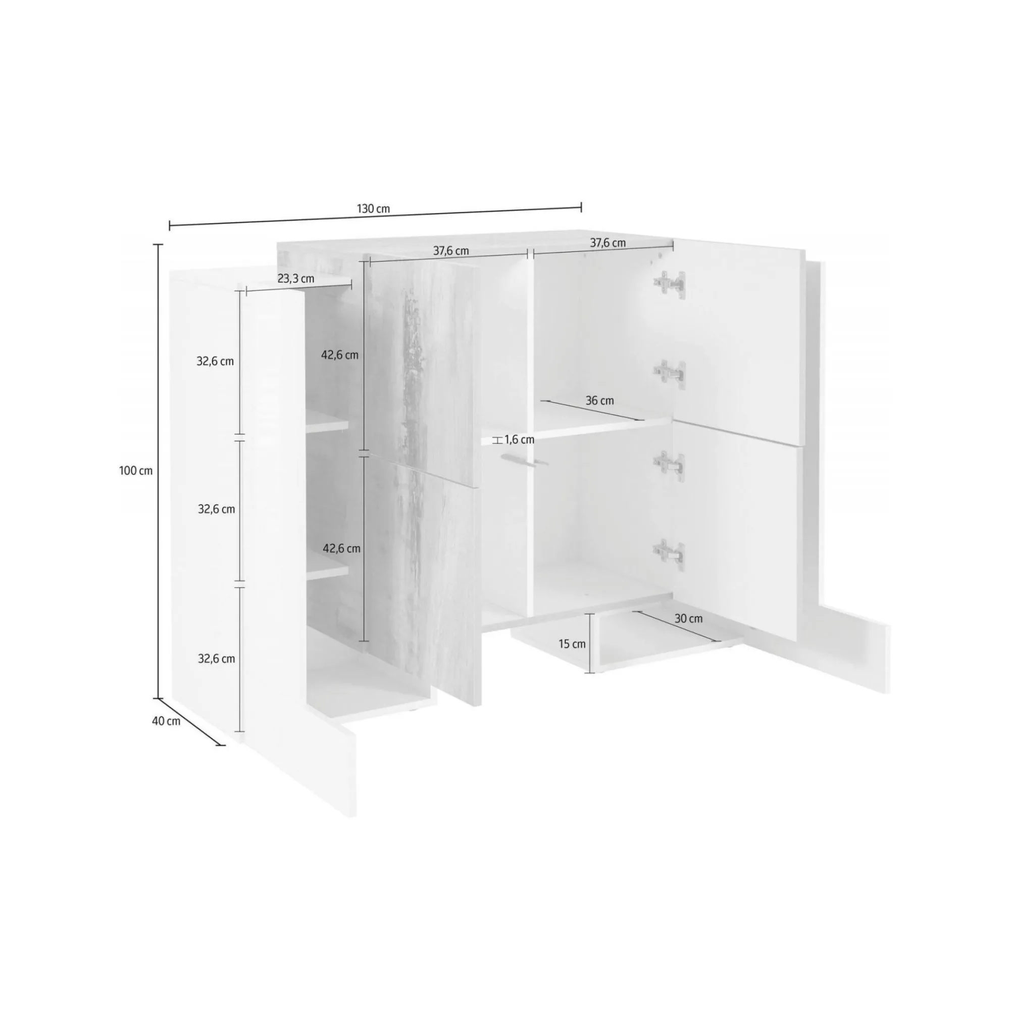 Credenza Age, cm 130x45h100, Bianco lucido e Acero<Dmora Hot