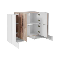 Credenza Age, cm 130x45h100, Bianco lucido e Acero<Dmora Hot