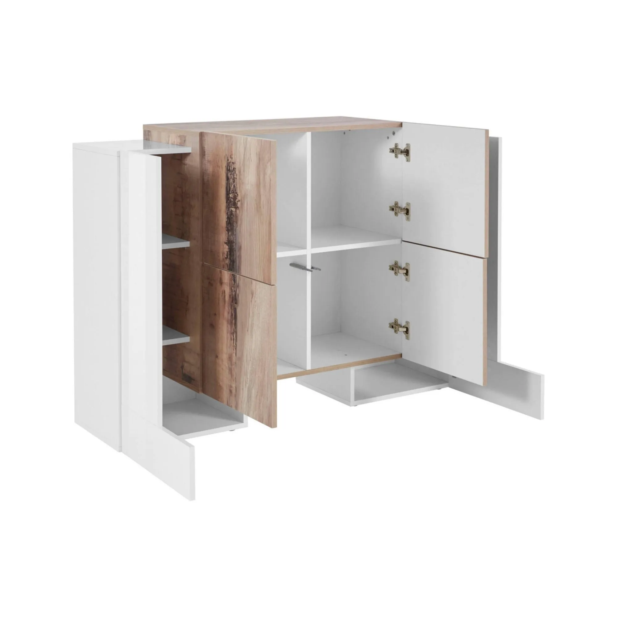 Credenza Age, cm 130x45h100, Bianco lucido e Acero<Dmora Hot