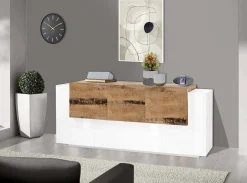 Credenza Akirum, cm 220x45h86, Bianco lucido e Acero<Dmora Fashion