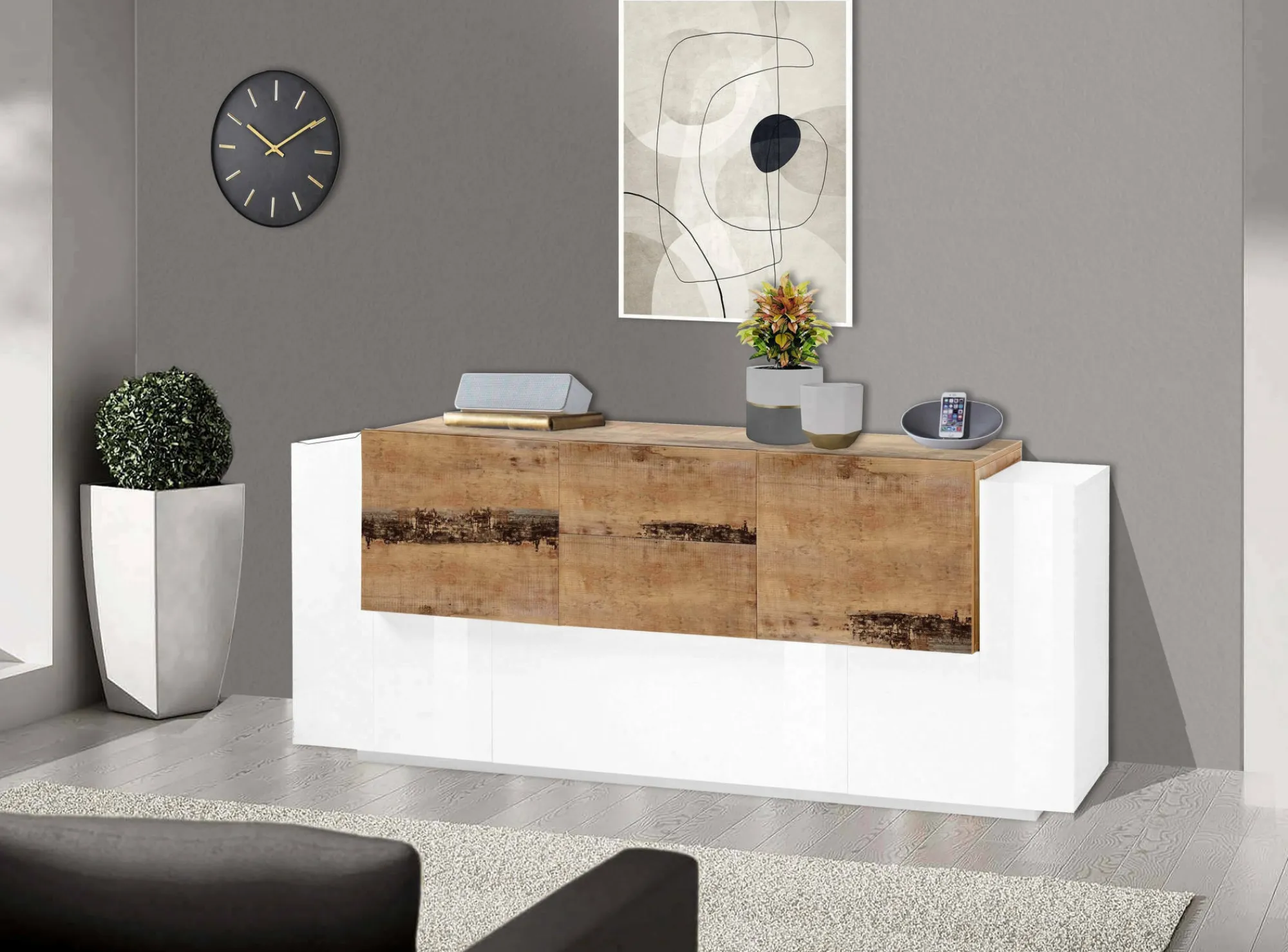 Credenza Akirum, cm 220x45h86, Bianco lucido e Acero<Dmora Fashion