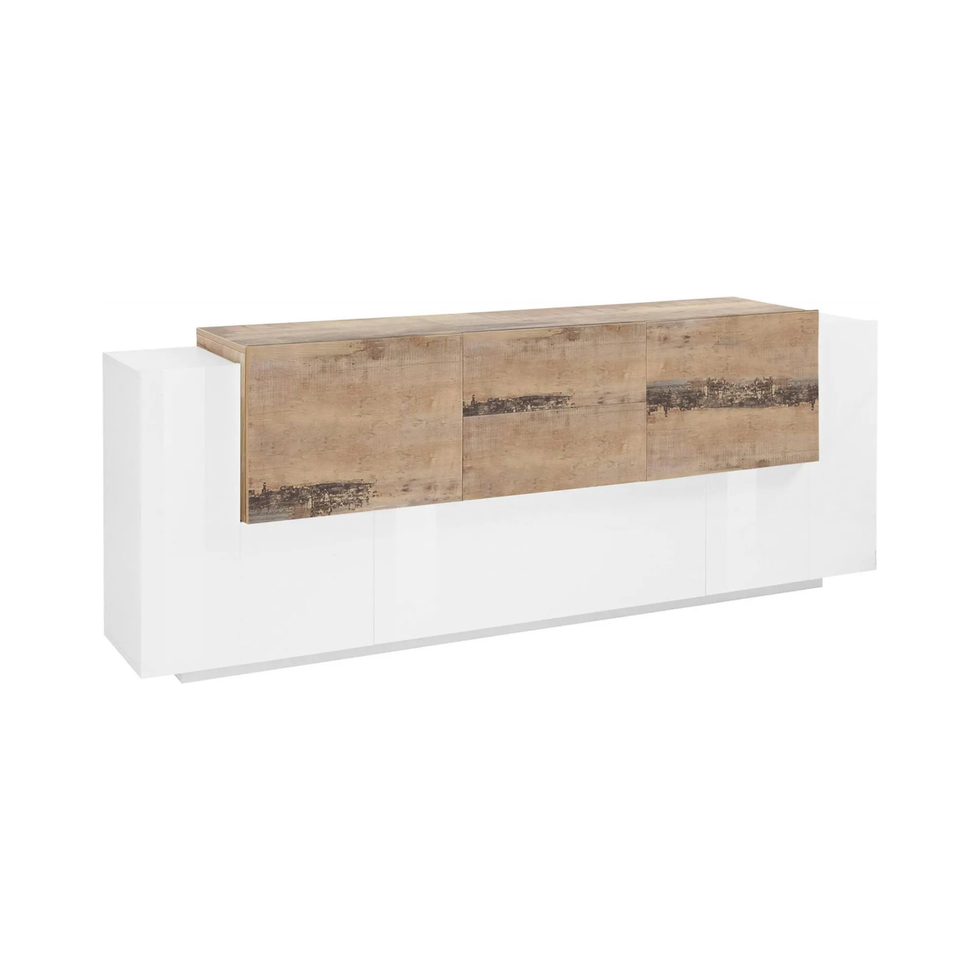 Credenza Akirum, cm 220x45h86, Bianco lucido e Acero<Dmora Fashion