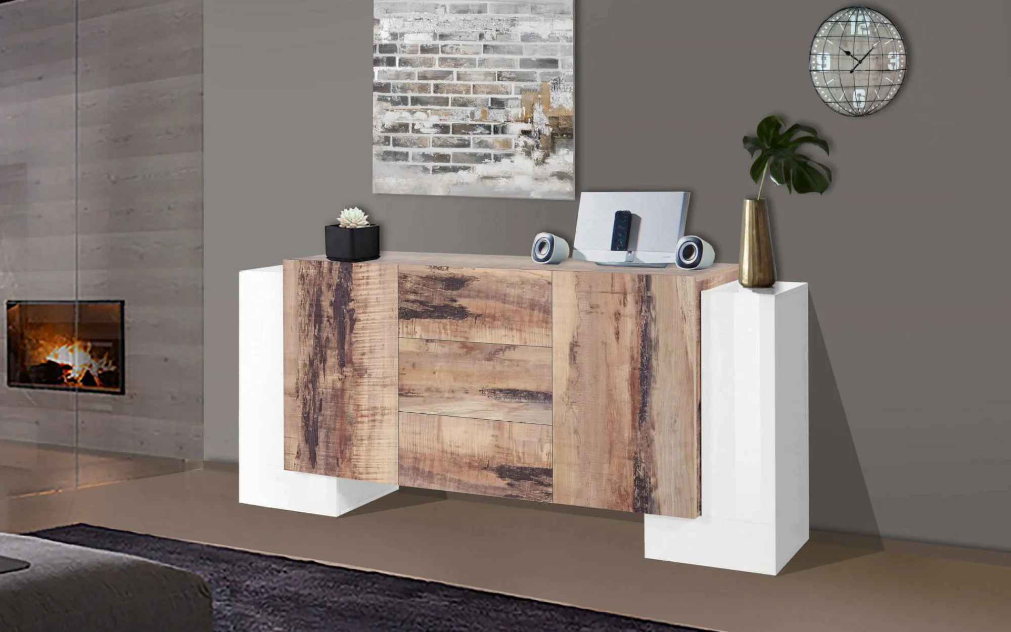Credenza Alchemy, cm 210x45h85, Bianco lucido e Acero<Dmora Store