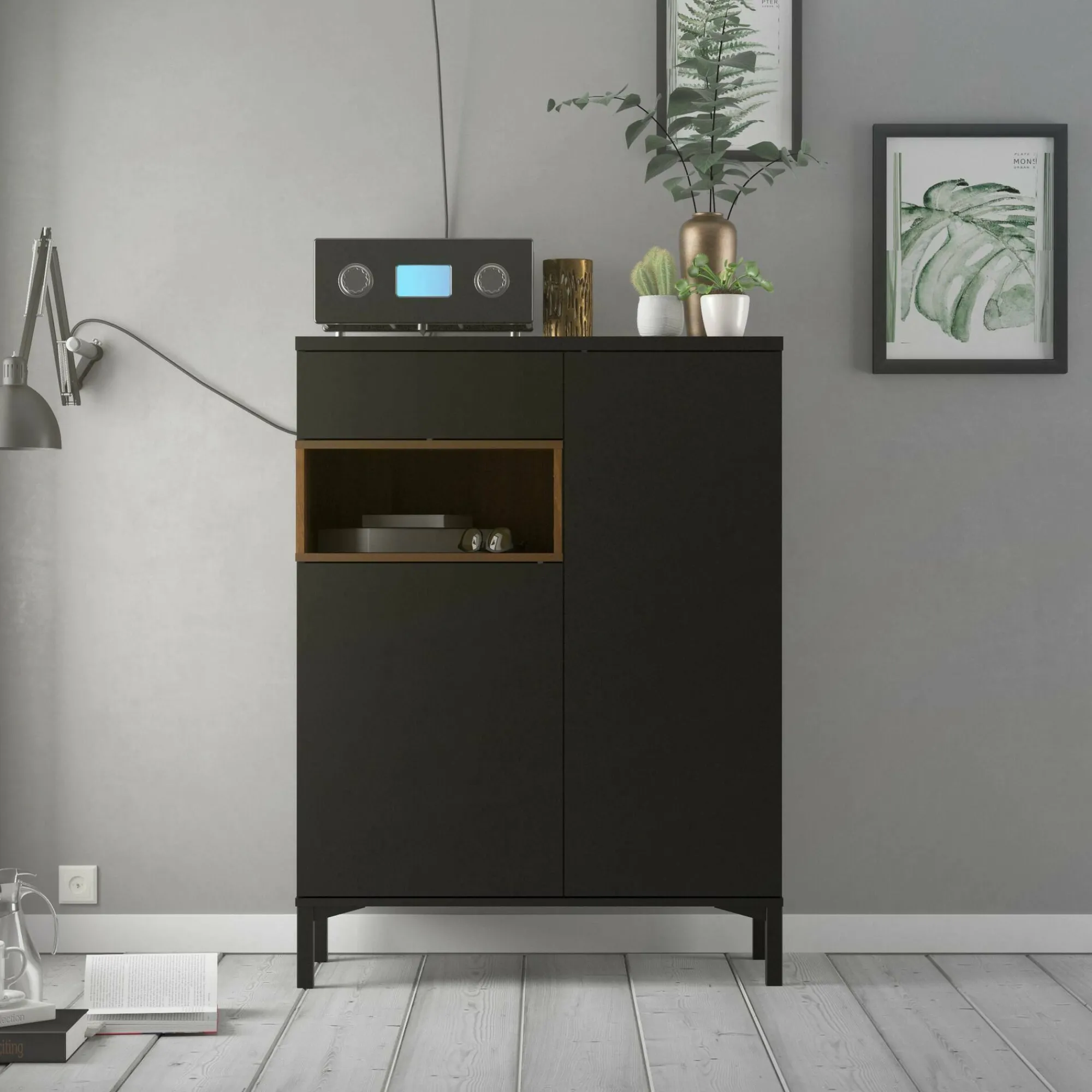Credenza Alfra, 89x36 h119 cm, Nero e Noce<Dmora Online